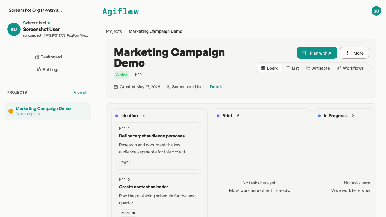 Screenshot of the resulting project board showing starter tasks in the Ideation column and custom Marketing statuses.