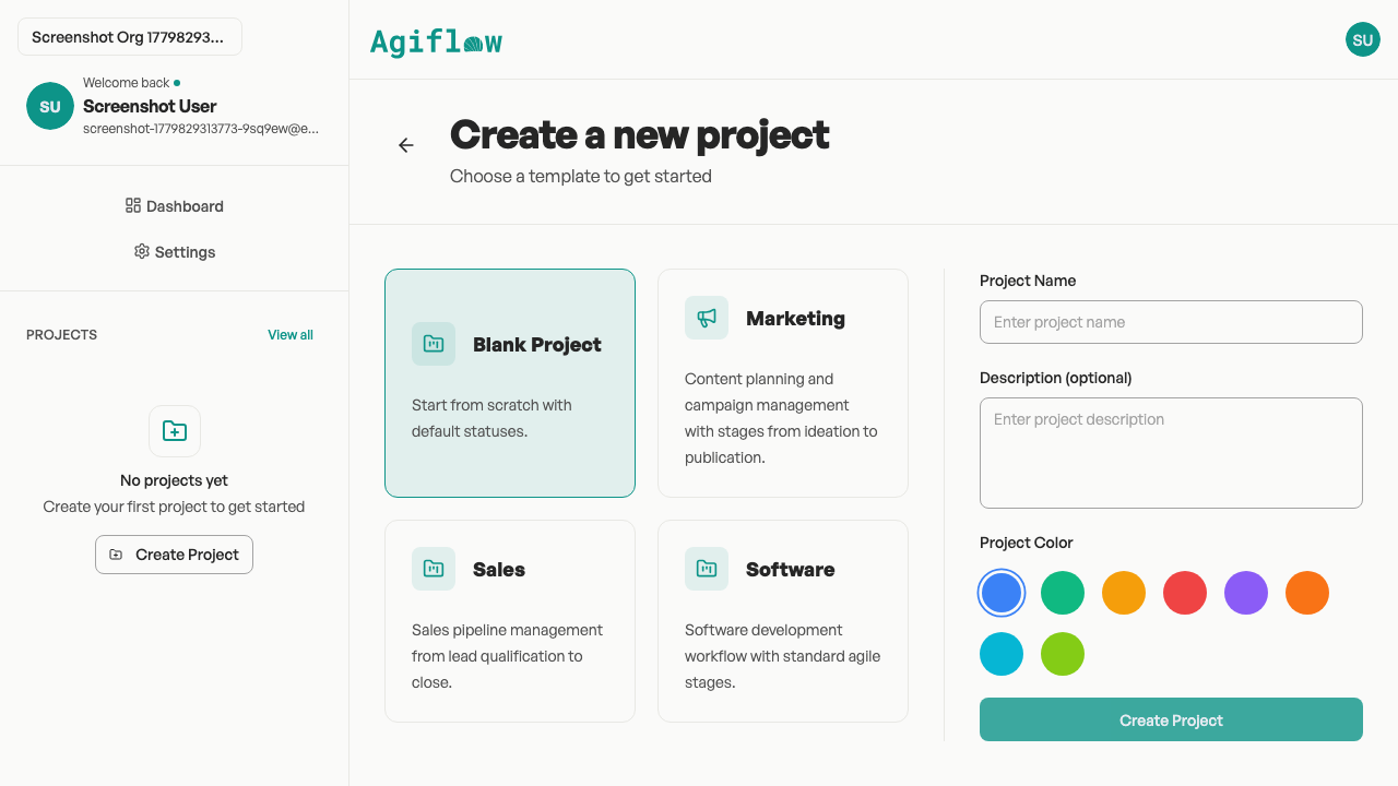 Screenshot of the template picker showing Blank Project, Marketing, Sales, and Software template cards with descriptions.