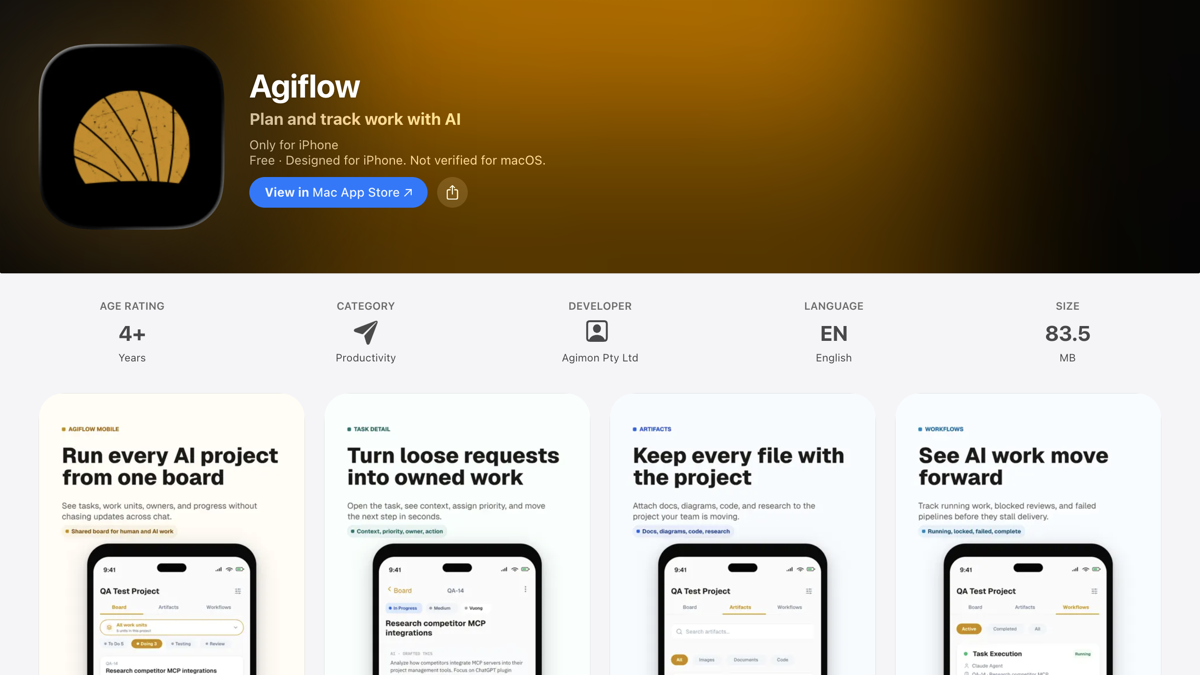 Australian Apple App Store listing showing Agiflow and the subtitle Plan and track work with AI.