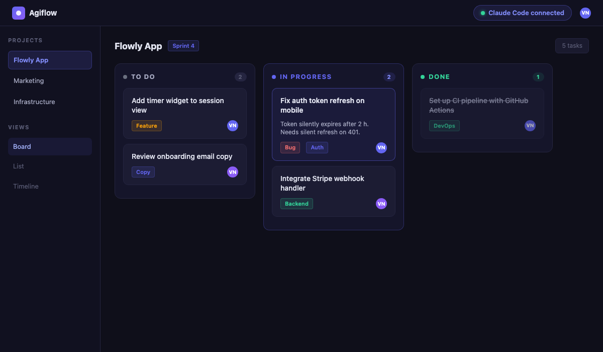 Agiflow board with Claude Code connected via MCP, task state visible