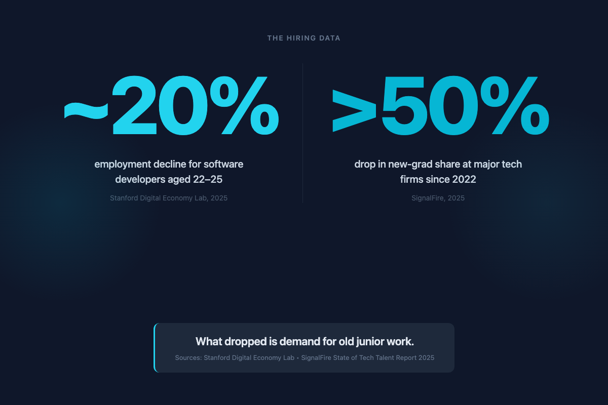 Stat card: ~20% employment drop for software developers aged 22-25 (Stanford); new-grad share at major tech firms down more than 50% since 2022 (SignalFire).