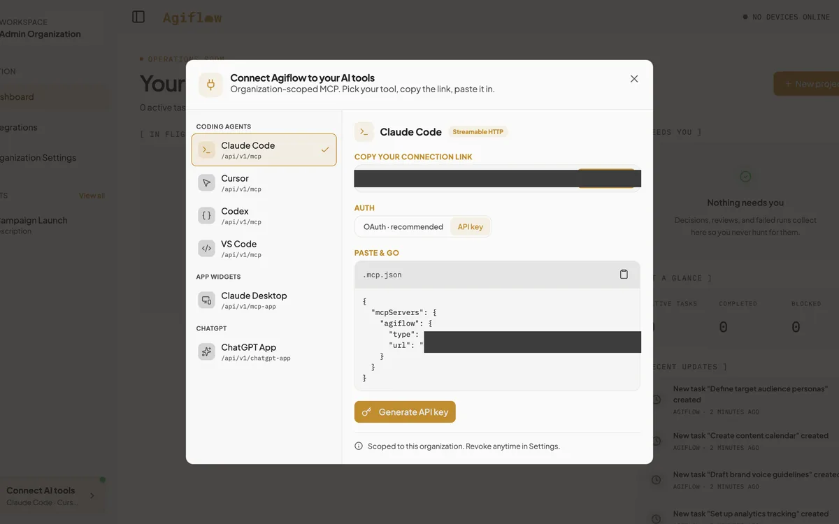 The Connect AI tools dialog in Agiflow showing an API key connection for ChatGPT