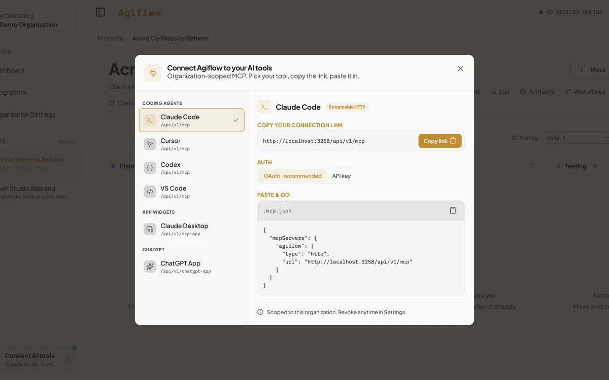 The Connect AI tools dialog in Agiflow with the Claude connection steps