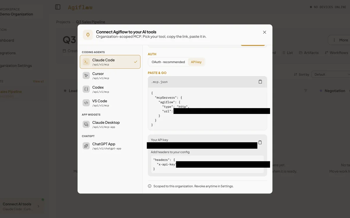 A generated project-scoped API key in the Agiflow connect dialog for Cursor and coding agents