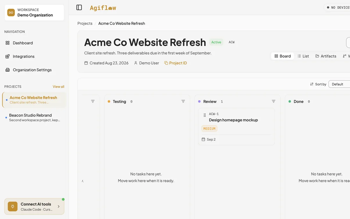 A client project board in Agiflow with dated deliverable tasks under review