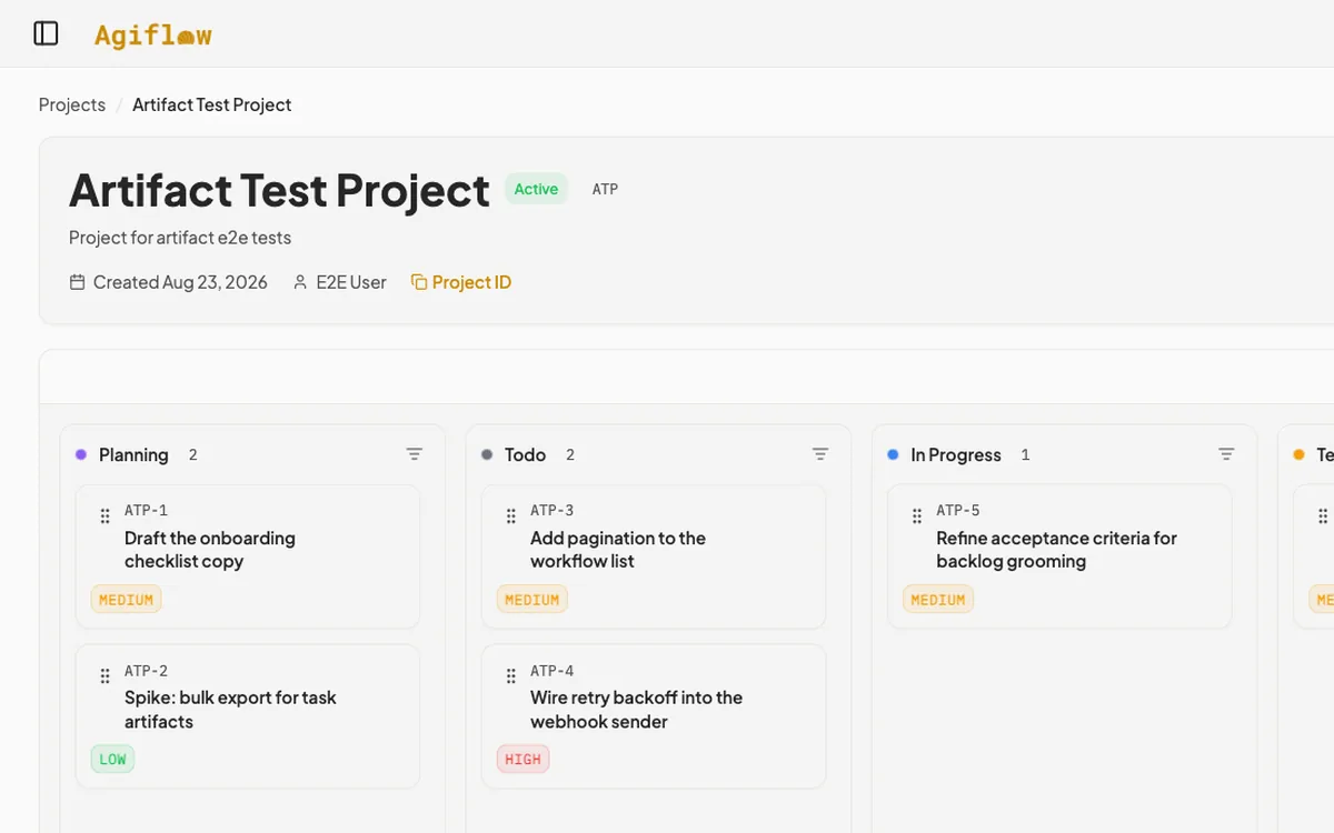 An Agiflow board overview for a feature run with Claude Code or Codex