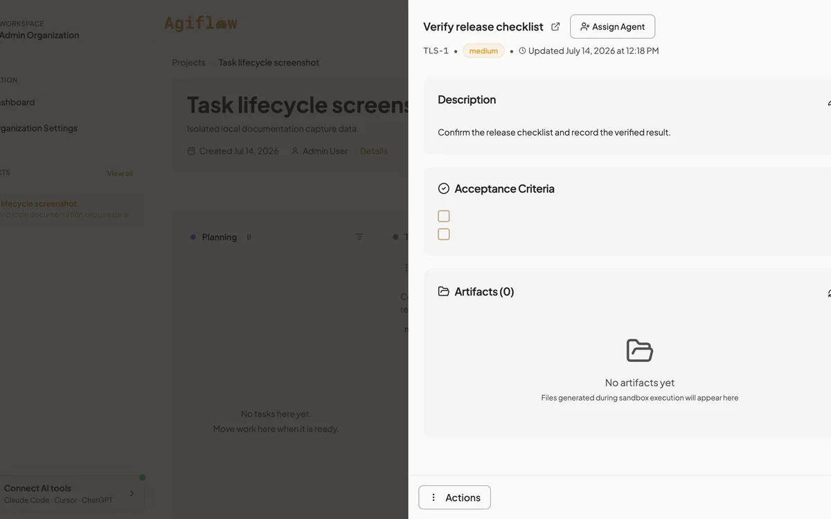 A task quick view panel open over the Agiflow project board