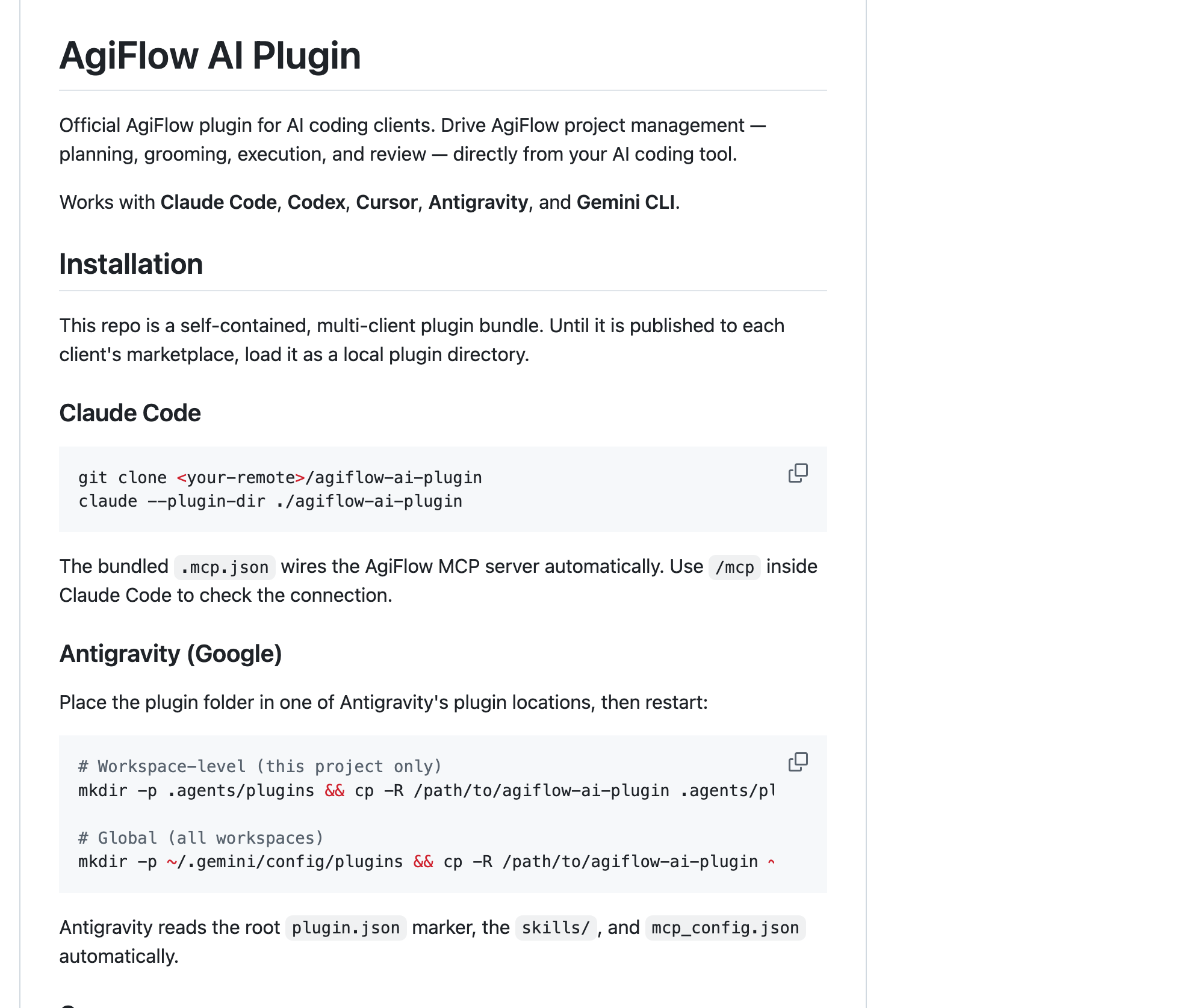 Agiflow AI Plugin README showing the Antigravity (Google) install: copy the plugin folder into .agents/plugins/ for one workspace or ~/.gemini/config/plugins/ globally, then restart Antigravity so it auto-reads plugin.json, the skills folder, and mcp_config.json.
