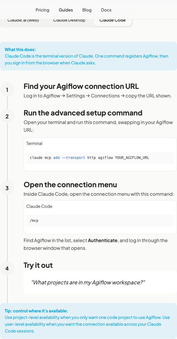 Agiflow Connect to Claude guide on the Claude Code tab, showing the claude mcp add --transport http command, the /mcp Authenticate step, and project- versus user-level scope.
